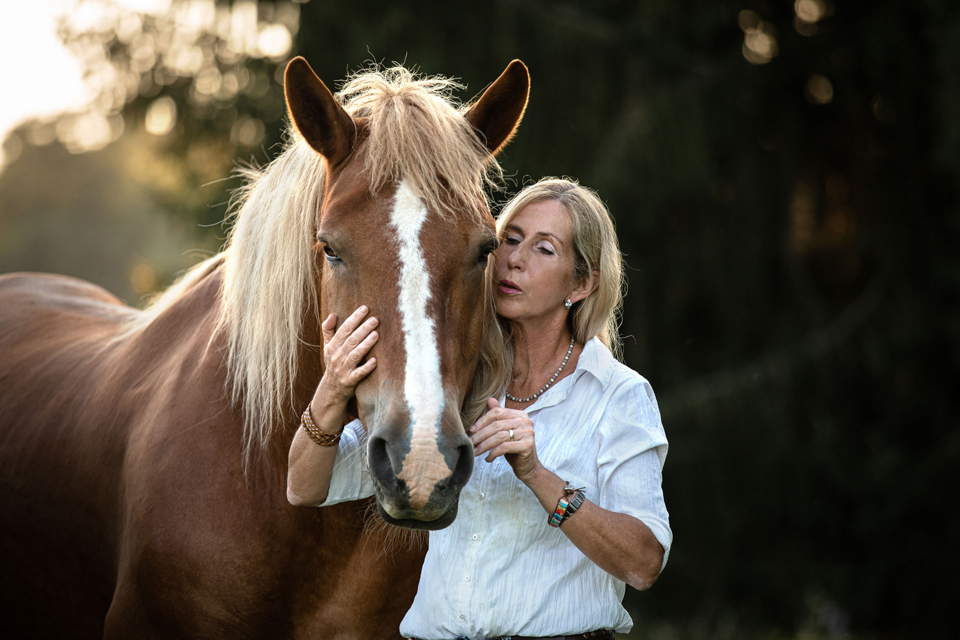 Frau Kuschelt mit ihrem Kaltblut Pferd auf der Weide im Sonnenuntergang. Das Foto ist bei einem Tier-Mensch-Fotoshooting in Frankfurt entstanden.